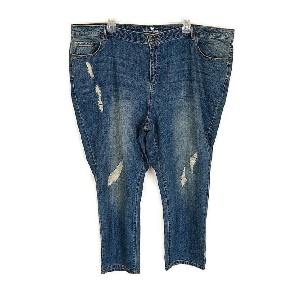 💥5/$25 Woman Within Plus sz 24 Jeans‎ Solid Blue Med Washed Denim Distressed